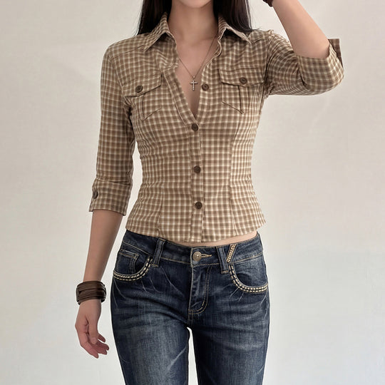 Damen nan taillierte Dreiviertelarm Karobluse mit Brustpattentaschen und Hemdkragen EB