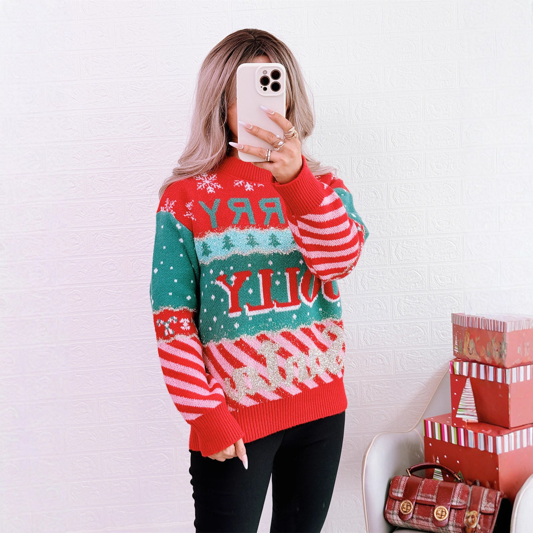Damen festlicher Strickpullover mit kreativem Weihnachtsdesign EB