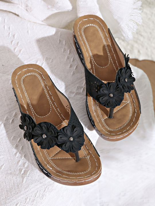 Damen Zehentrenner-Sandalen mit floralem Design und gepolsterter Sohle EB