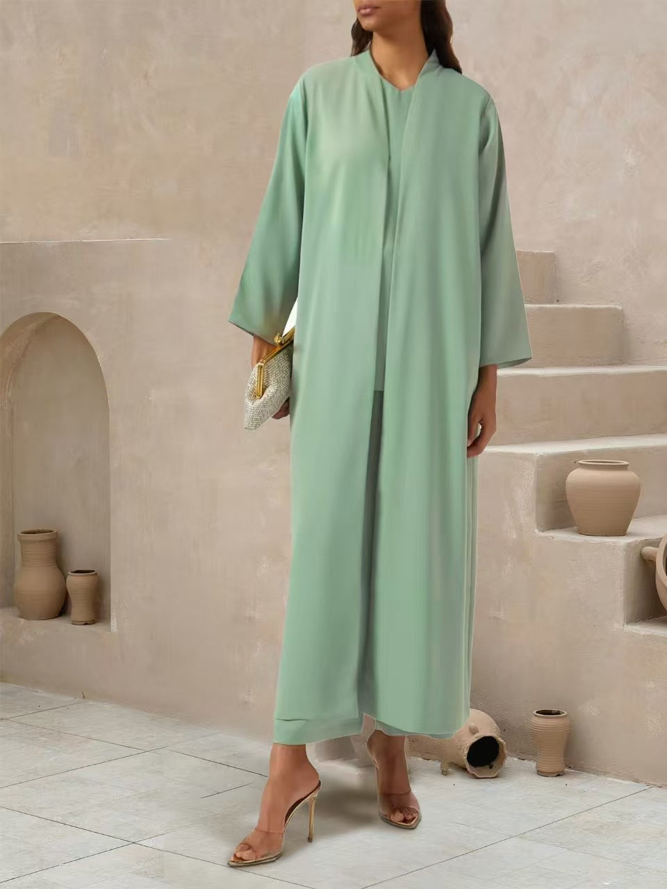 Damen Fließender Maxi-Kaftan-Mantel mit offenem Vorderteil und minimalistischem Stehkragen EB