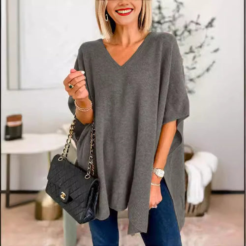 Damen V-Pullover aus feinem Strick mit weit geschnittenen Ärmeln und lässigem Stil EB