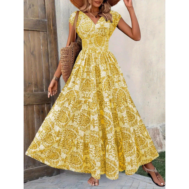 Damen Maxikleid mit nostalgischem Blumenmuster und voluminösem Rock EB