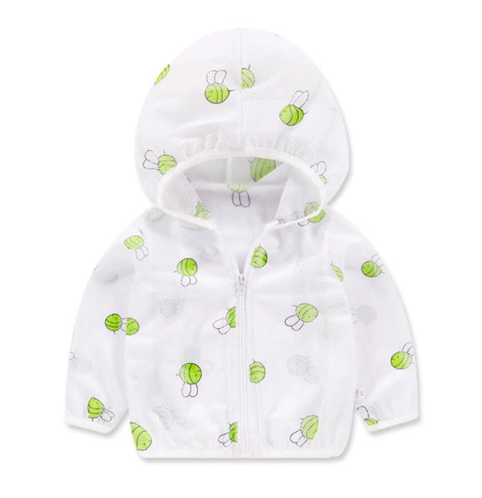 Unisex nan atmungsaktive Netz Kapuzen-Sonnenjacke für Säuglinge mit Reißverschluss und verspieltem Elefantenmotiv EB