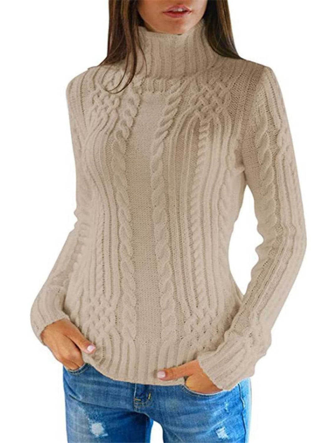Damen Hochwertiger Strickpullover mit Stehkragen und Zopfmuster EB
