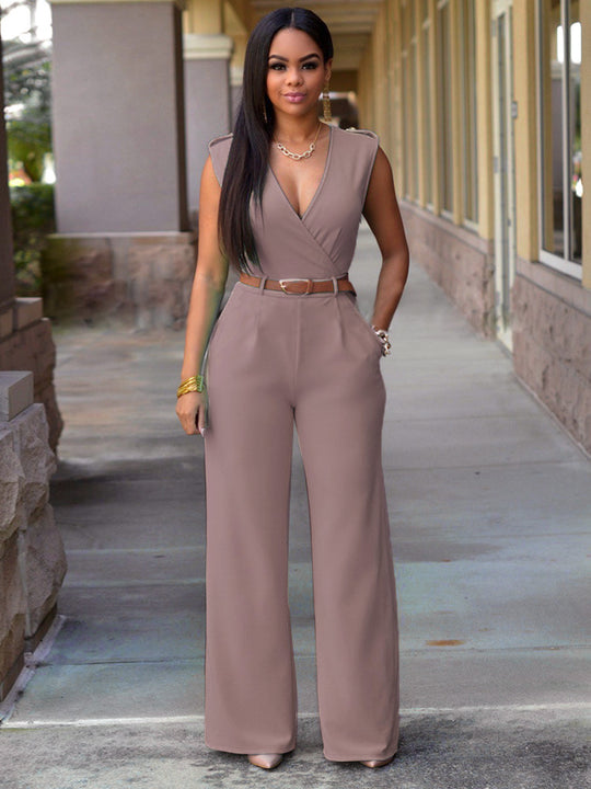 Damen Eleganter Wickel-Jumpsuit mit weitem Bein und Taillengürtel EB