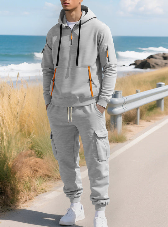 Herren nan lässiger Halbzip Hoodie mit Kängurutasche und Cargo Jogginghose mit Reißverschlussdetails EB
