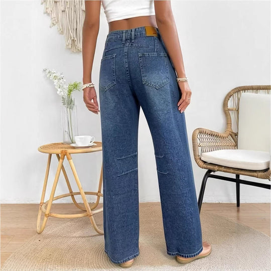 Damen nan High-Waist weite Denim-Hose mit ausgestelltem Bein und tonalen Knie-Abnähern EB