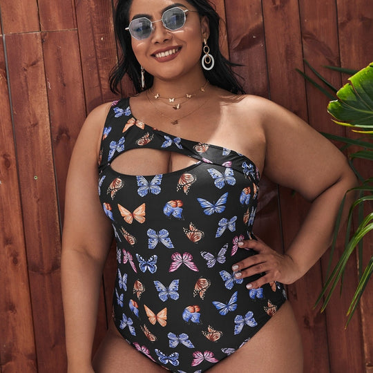 Damen Einseitiger Cut-Out Badeanzug mit floralen Schmetterlingsmotiven EB