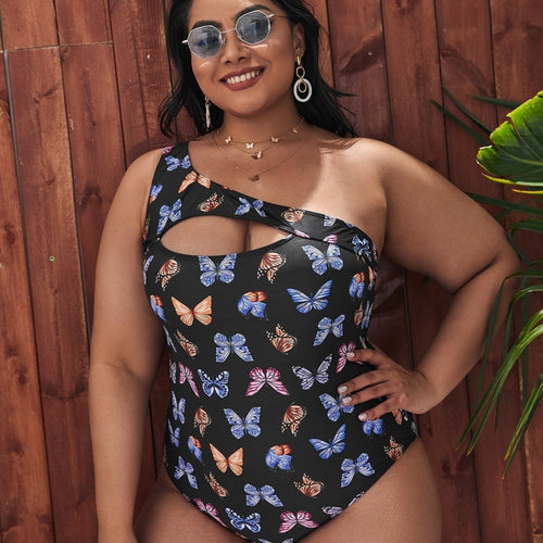 Damen Einseitiger Cut-Out Badeanzug mit floralen Schmetterlingsmotiven EB
