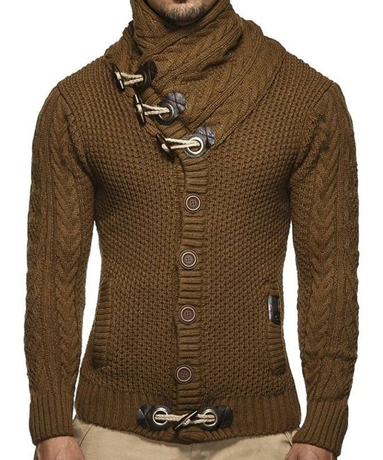 Herren gestrickter Cardigan mit hohem Kragen und modernen Holzknebel EB