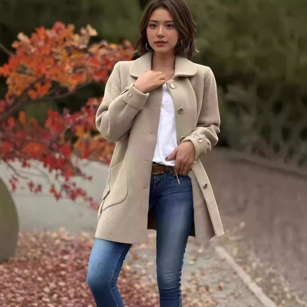 Damen Modische Wolljacke mit praktischen Taschen und Knopfdetails EB
