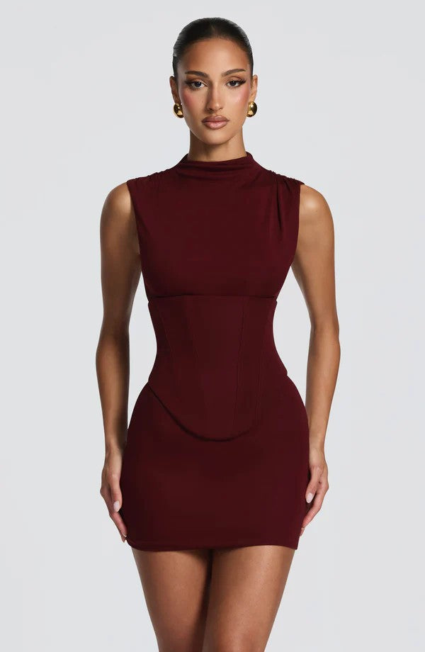 Damen Enganliegendes Stretch-Minikleid mit hohem Kragen EB