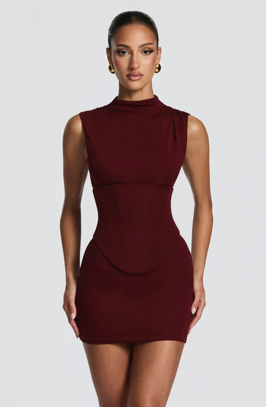 Damen Enganliegendes Stretch-Minikleid mit hohem Kragen EB