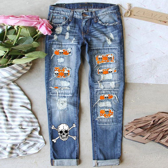 Damen Skinny Jeans mit auffälligen Totenkopf-Mustern EB
