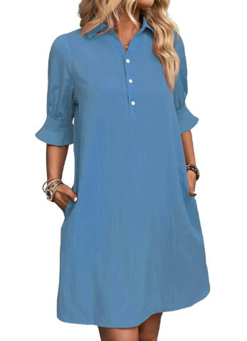 Damen lässiges Hemdkleid mit kurzen Ärmeln und praktischen Taschen EB