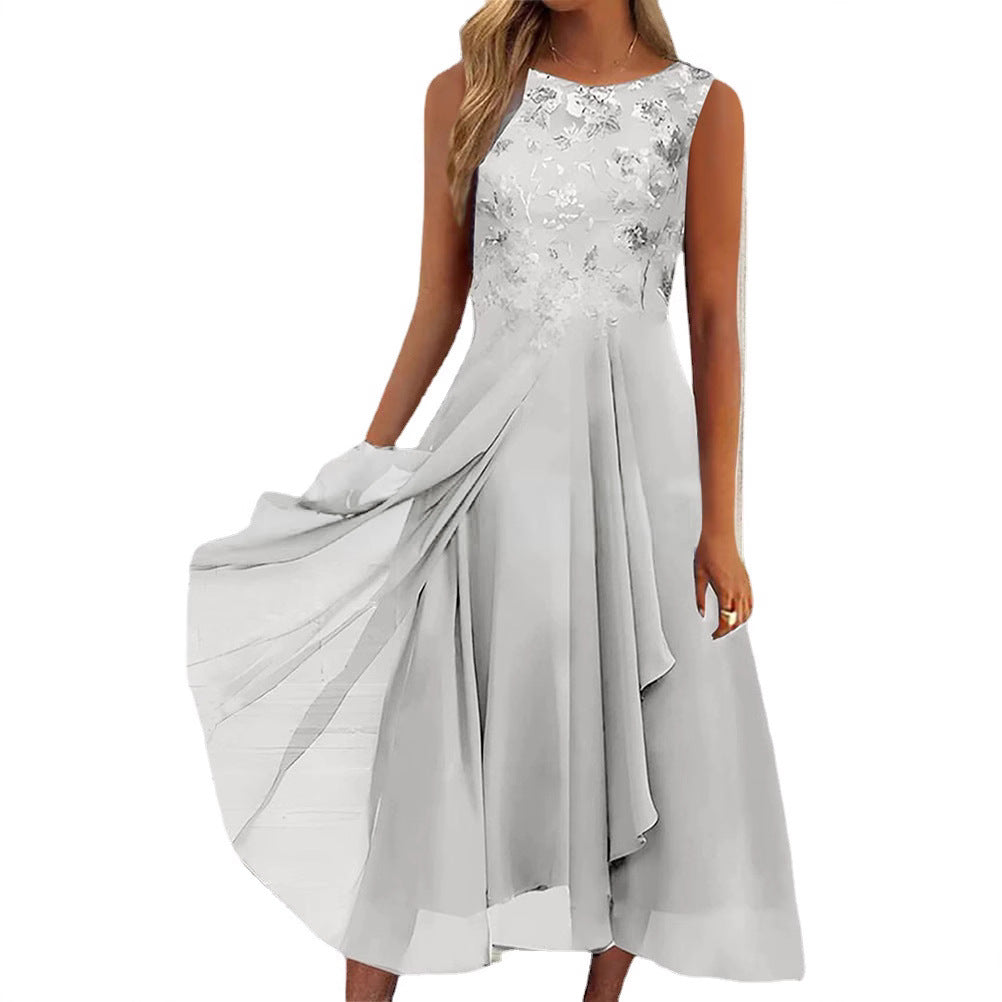 Damen nan ärmelloses Chiffon-Midikleid mit bestickter Brustpartie und asymmetrischem Lagenrock EB