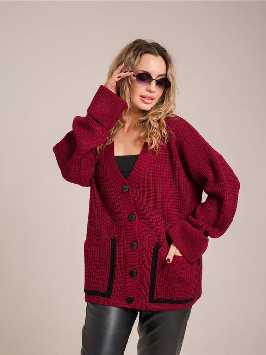 Damen Lässiger Strickcardigan mit breiten Ärmeln und kontrastierenden Taschen EB