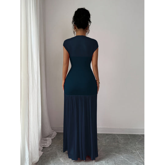 Damen Elegantes Maxikleid mit raffiniertem Drapée und transparentem Rock EB