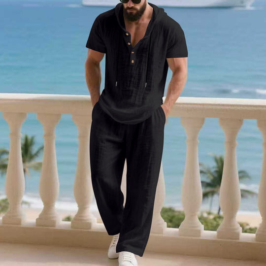 Herren komfortables Freizeit-Set mit modischem Henley-Oberteil und lockeren Hosen EB