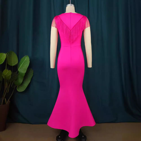 Damen figurbetontes Abendkleid mit Fransen und tiefem V-Ausschnitt EB