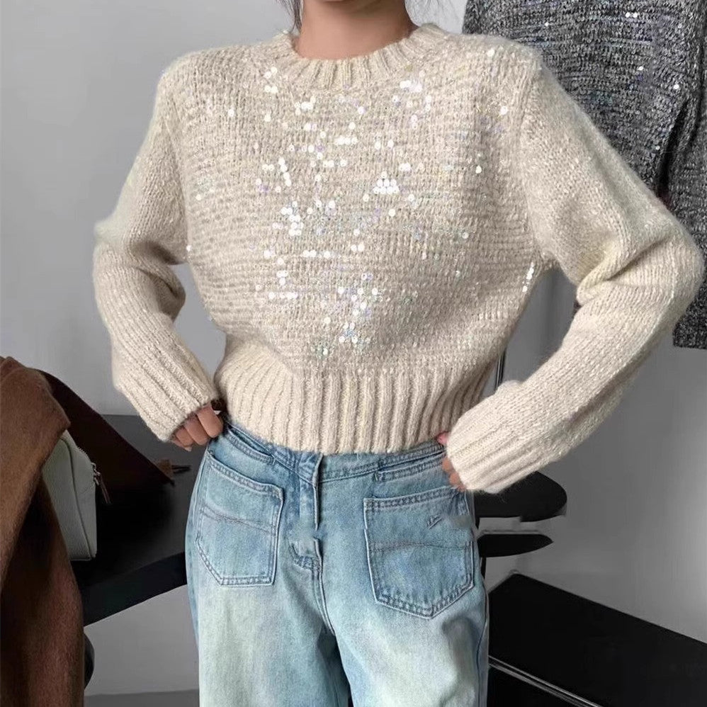 Damen Glitzernder Strickpullover mit Struktur und weitem Schnitt EB