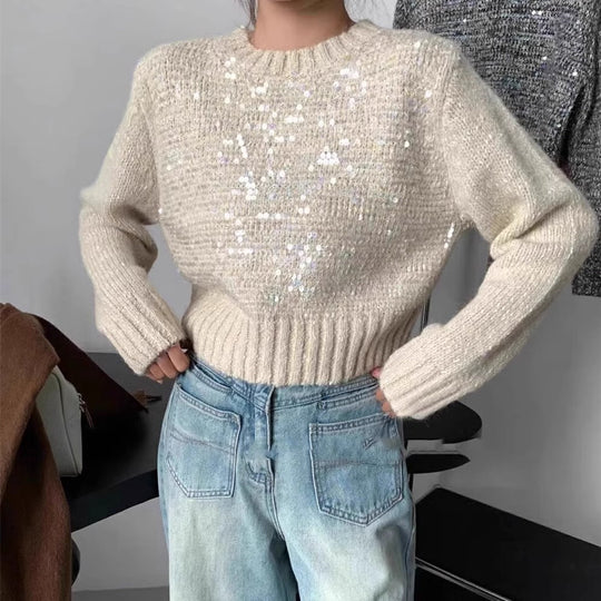 Damen Glitzernder Strickpullover mit Struktur und weitem Schnitt EB