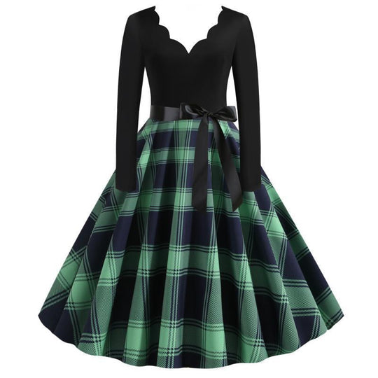 Damen Retro‑Swingkleid mit gezacktem Herzausschnitt, tailliertem Langarmoberteil und karierter Tellerrock EB