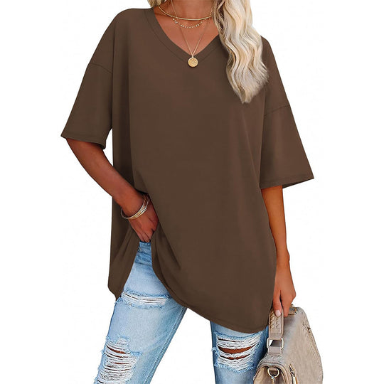 Damen Oversized T-Shirt mit V-Ausschnitt und seitlichen Schlitzen EB
