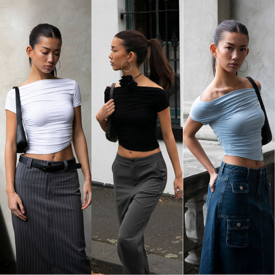 Damen figurbetontes Oberteil mit Off-Shoulder Design und Raffung EB
