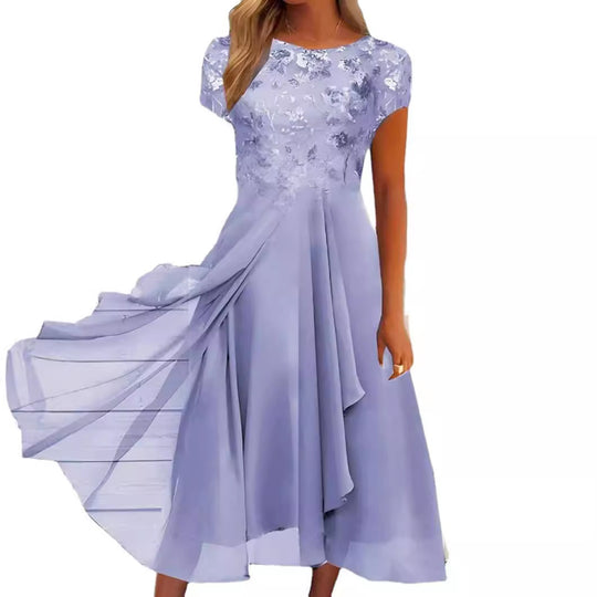 Damen nan fließendes Chiffon-Midikleid mit blumenbesticktem Oberteil und asymmetrischem Stufenrock EB