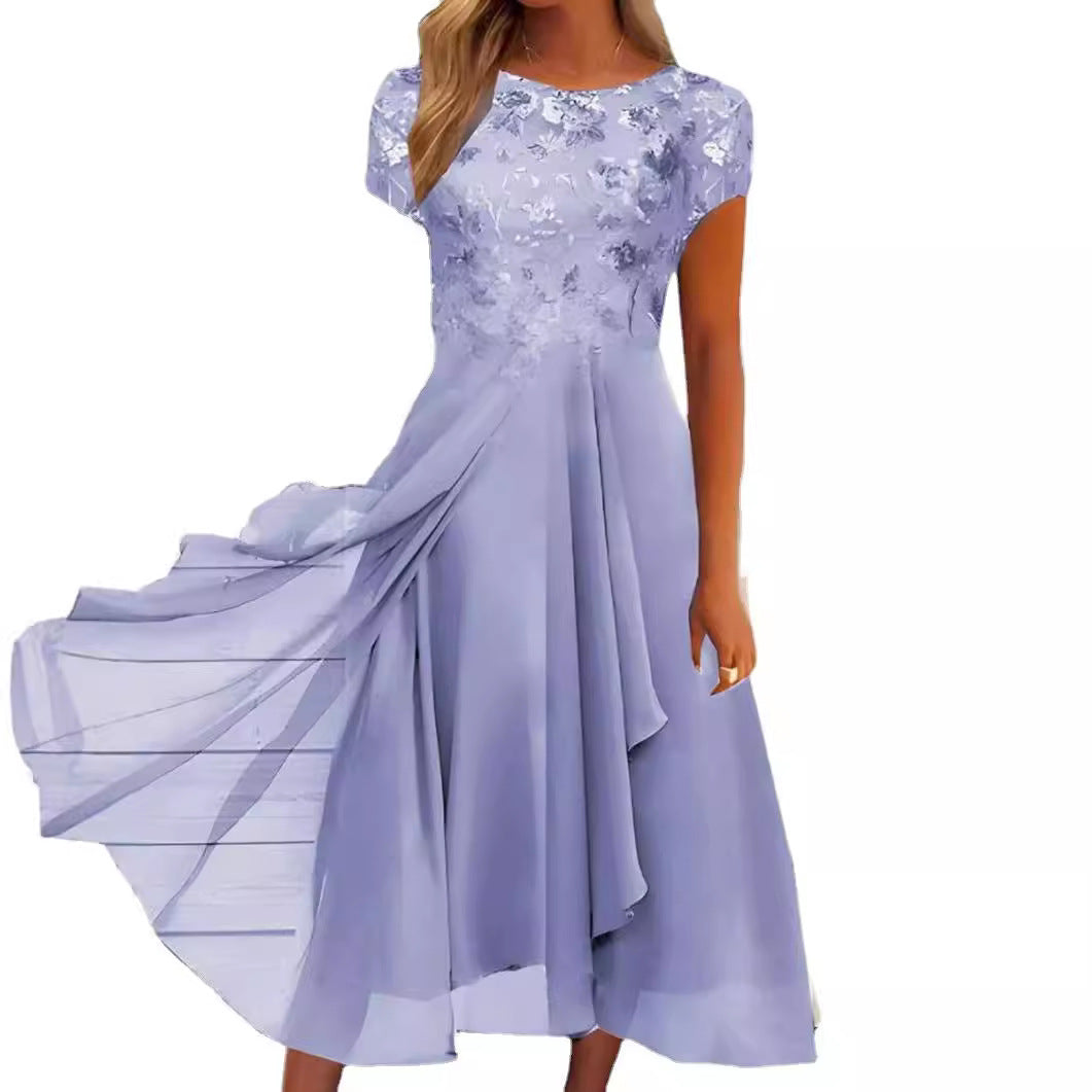 Damen nan elegantes Chiffon-Midikleid mit floraler Spitzenapplikation und fließendem Tellerrock EB