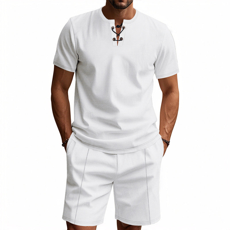 Herren nan kurzärmeliges Schnürkragen-Shirt im Waffeljersey mit Bundfalten-Bermuda EB