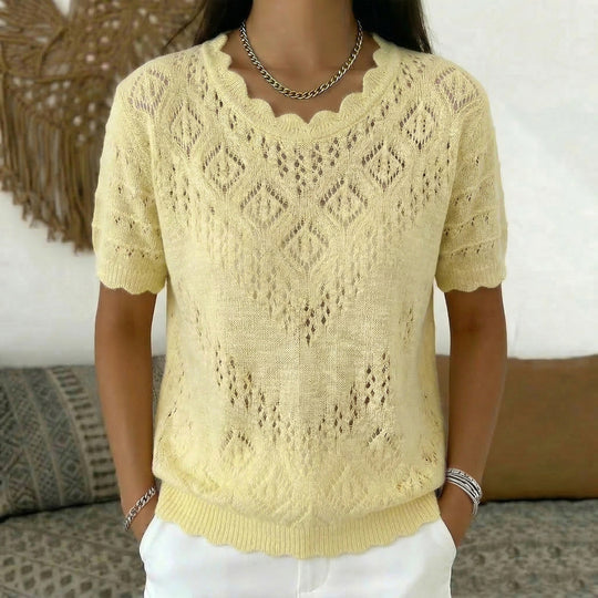Damen nan kurzärmeliger Spitzenstrickpullover mit Ajourmuster und geschwungenem Ausschnitt EB