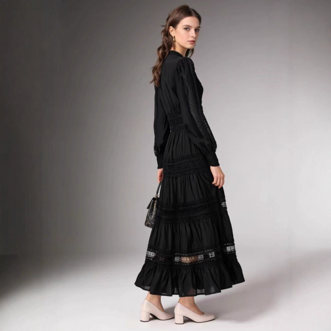 Damen romantisches Maxikleid mit transparenten Einsätzen und Rüschendetails EB