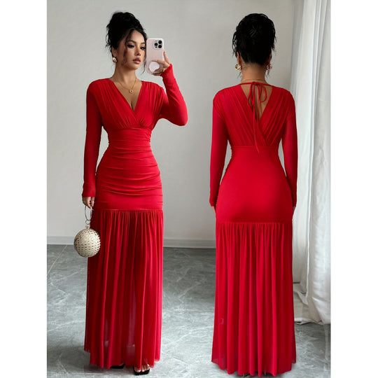 Damen Elegantes und figurbetontes Maxi-Kleid mit V-Ausschnitt und langen Ärmeln EB