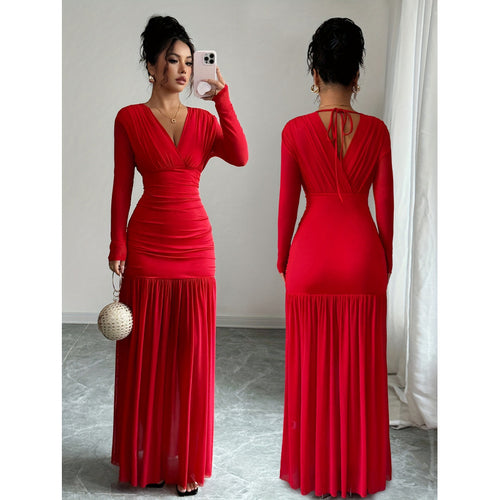 Damen Elegantes und figurbetontes Maxi-Kleid mit V-Ausschnitt und langen Ärmeln EB