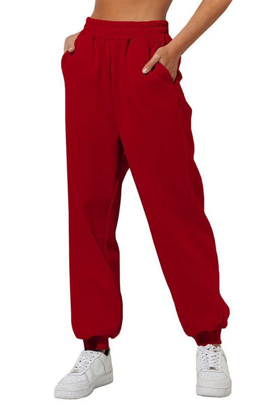 Damen nan weite High‑Waist Jogginghose mit soften Bügelfalten, elastischem Komfortbund und gerippten Knöchelbündchen EB