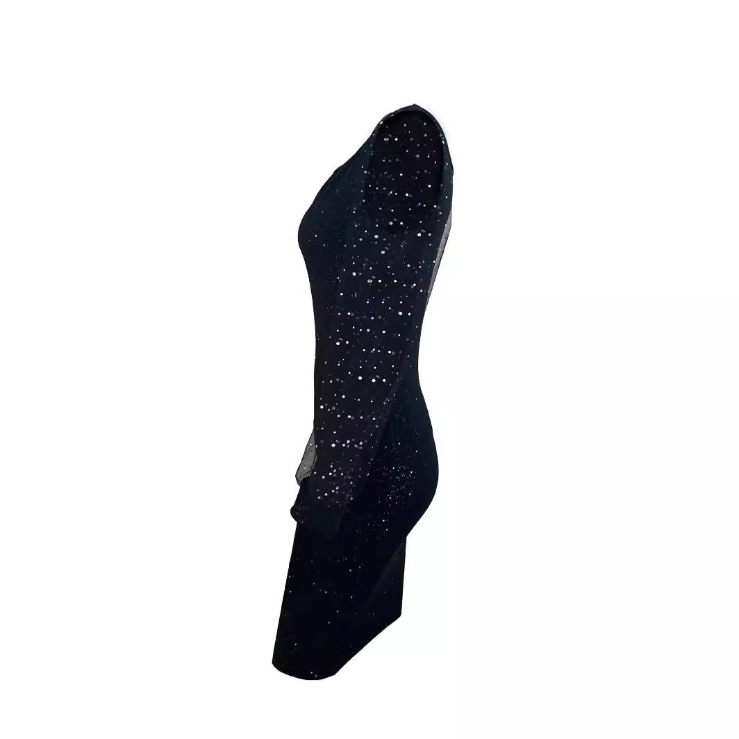 Damen figurbetontes Abendkleid mit transparenten Ärmel und funkelnden Details EB