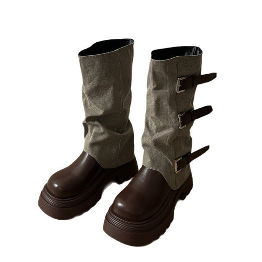 Damen Boots mit modischer Schnallenverzierung und robustem Plateau-Heel EB
