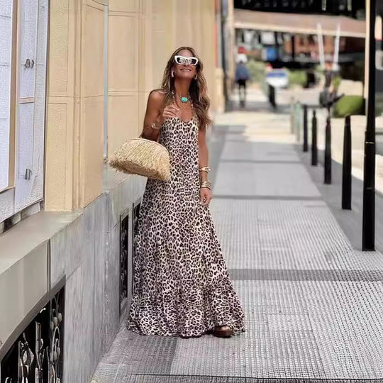 Damen Maxikleid im eleganten Leo-Design mit fließendem Rock EB