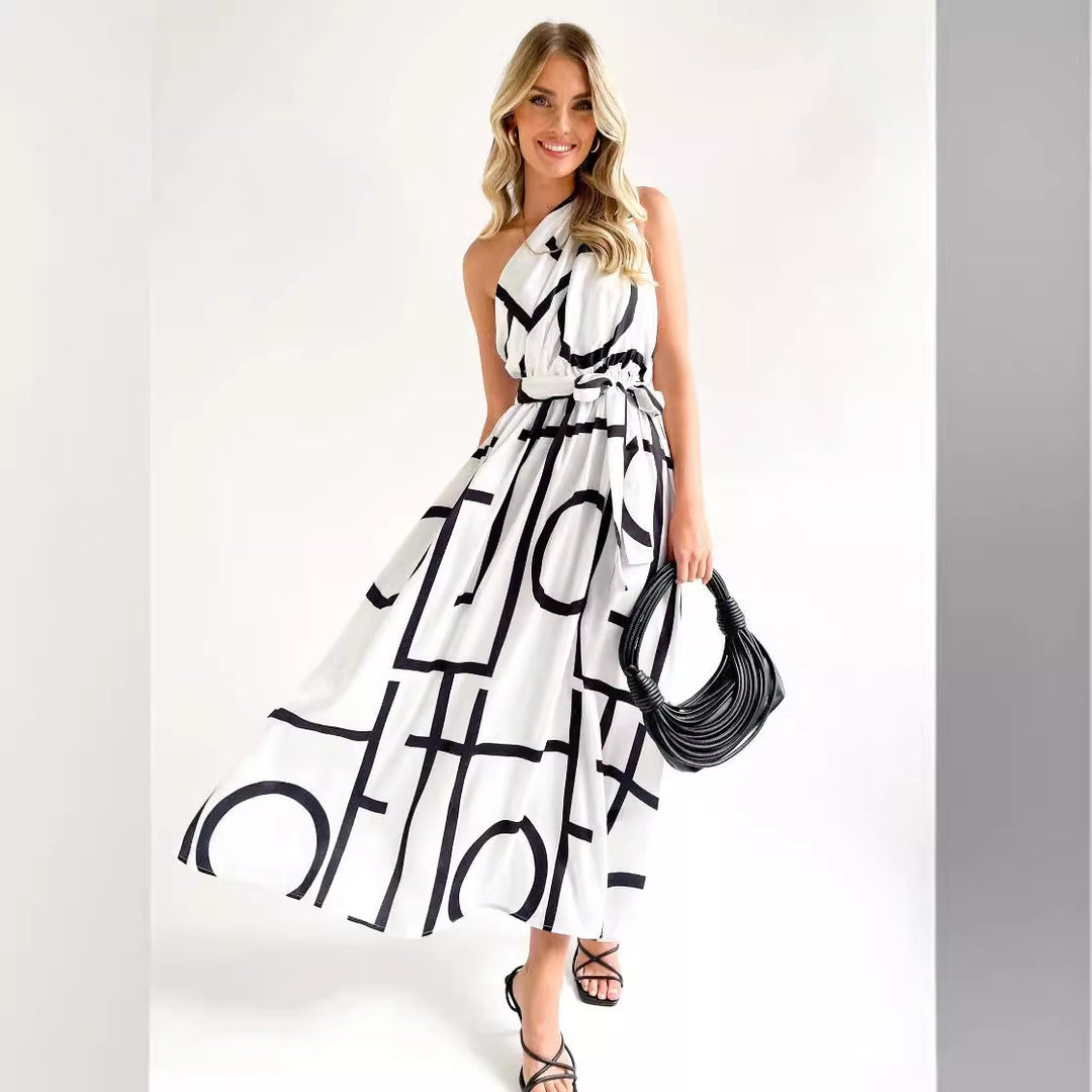 Damen Maxikleid mit asymmetrischem Ausschnitt und elegantem Bindegürtel EB