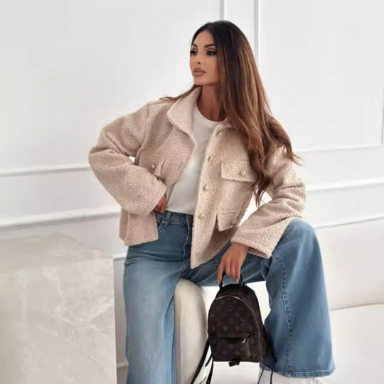 Damen-Plüsch-Strukturjacke mit Utility-Taschen EB