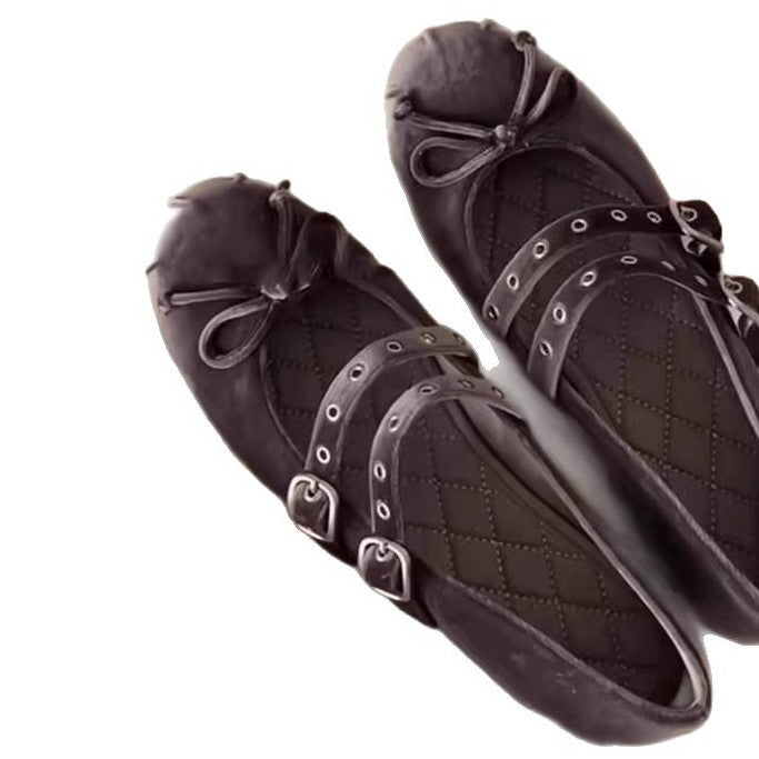 Damen Ballerina-Schuhe mit dekorativer Schleifenapplikation und doppeltem Riemendesign EB
