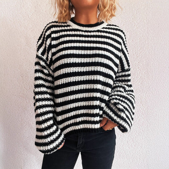 Damen lässiger Strickpullover mit breiten Streifen EB