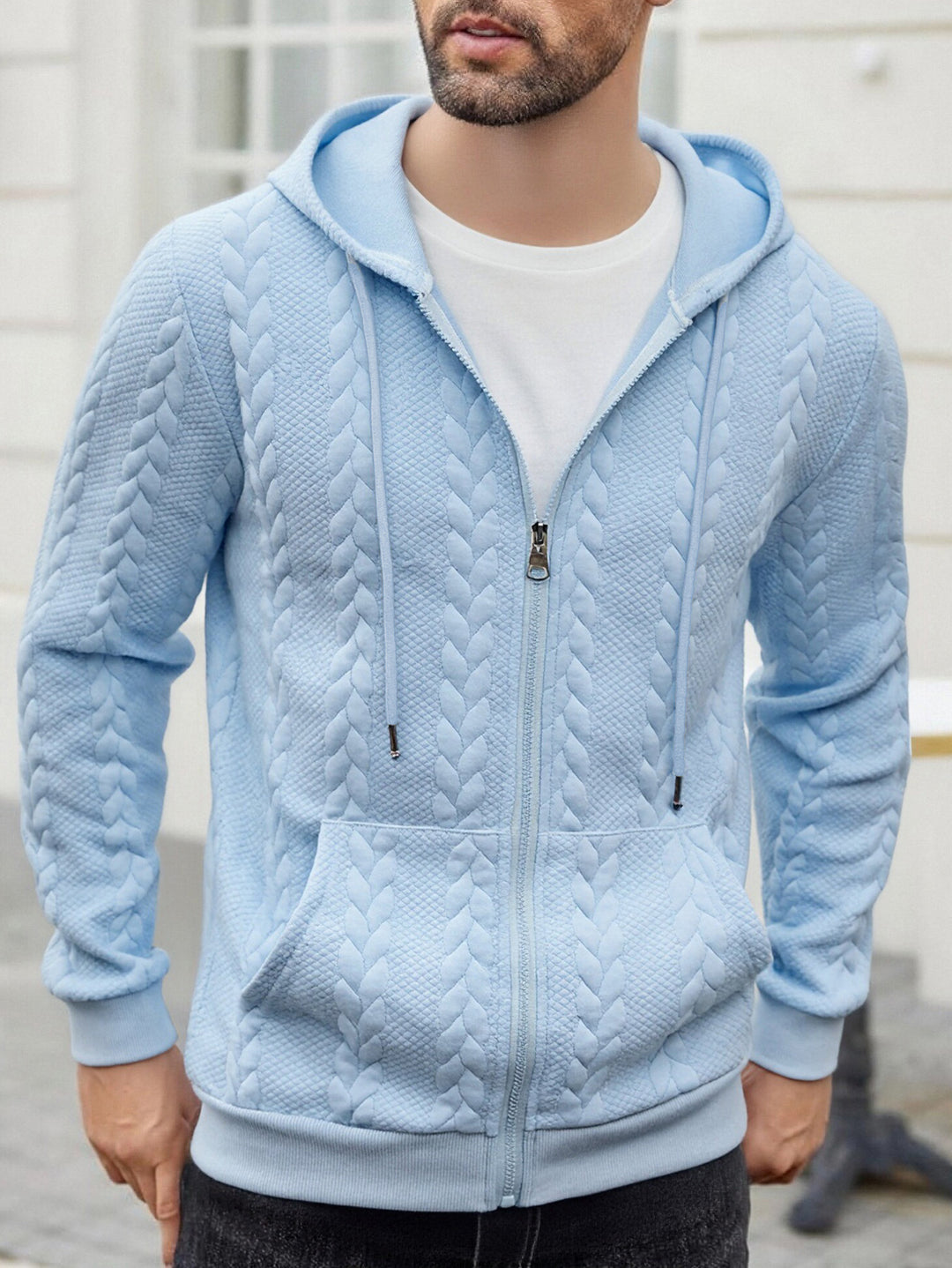 Herren nan strukturierte Kapuzen-Sweatjacke mit Zopfmuster, durchgehendem Reißverschluss und Kängurutasche EB