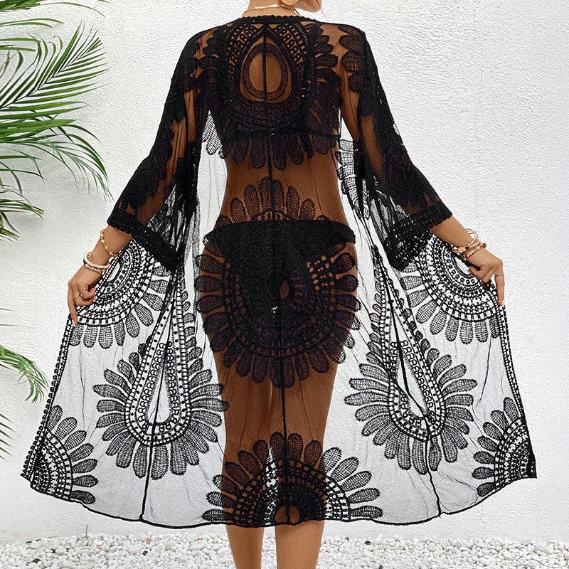 Damen transparente Häkel-Strandüberwurfjacke mit eleganten Motiven EB