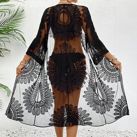 Damen transparente Häkel-Strandüberwurfjacke mit eleganten Motiven EB