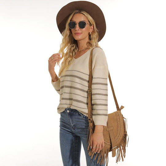 Damen lässiger Pullover mit modernem Streifenmuster und V-Ausschnitt EB