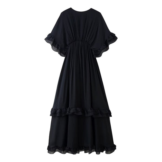 Damen Maxikleid mit voluminösen Rüschendetails und elegantem V-Ausschnitt EB