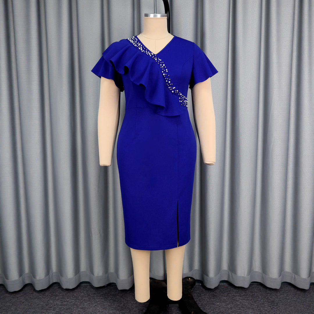 Damen elegantes, figurbetontes Kleid mit Rüschendetails und funkelndem Akzent EB